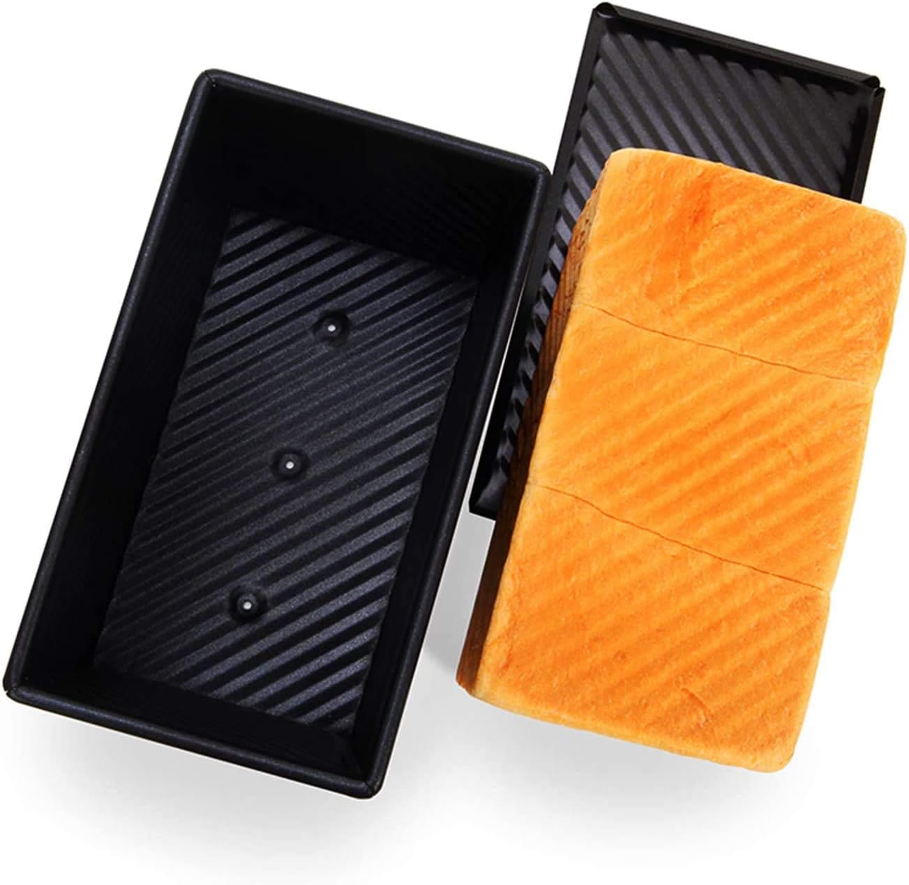 CHEFMADE Pullman Loaf Pan with Lid, 1Lb Dough Capacity Non-Stick Rectangle Corrugated Bread Pan, Carbon Steel Bakeware Toast Mold with Cover for Baking Bread - Black