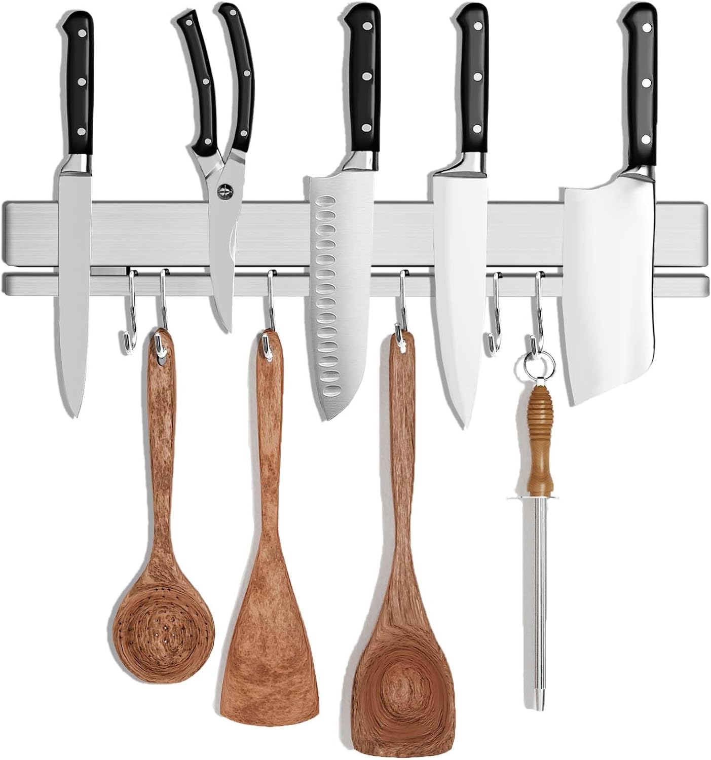 17 Inch Magnetic Knife Holder for Wall, Adhesive Knife Magnetic Strip No Drilling with 12 Hooks, Powerful Magnetic Knife Strip, Magnetic tool Holder for Kitchen Knives & Utensils (Silver)