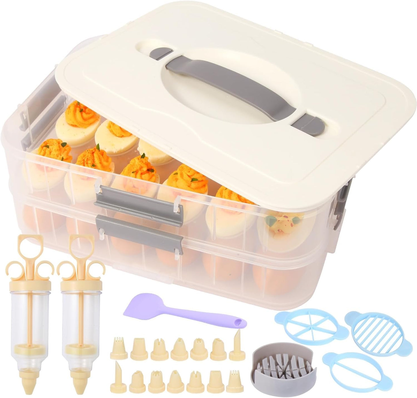 2-Layer Deviled Egg Containers With Lid,36pcs Deviled Egg Tray Carrier with Handl Injector Piping Tool,Portable Stackable Egg Holder Platter Holder Organizer for Refrigerator Party Picnic Travel Event
