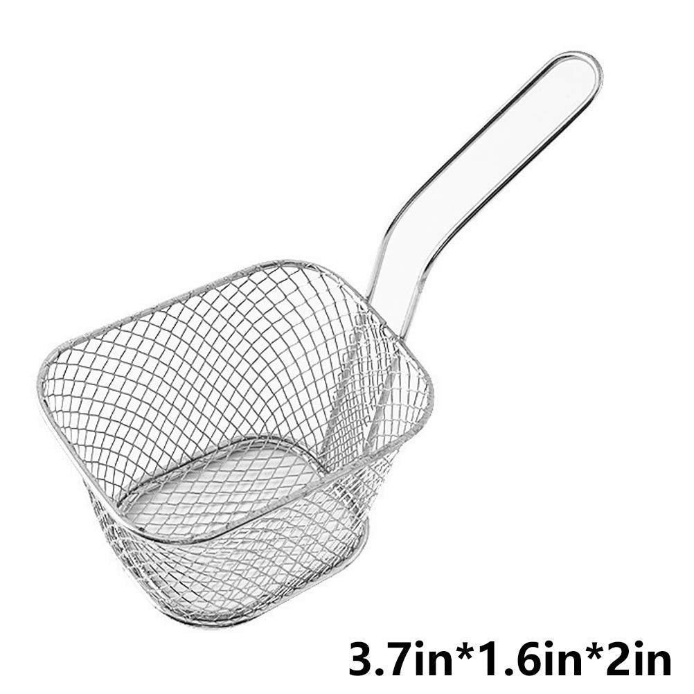 2 Pcs Mini Square Fry Baskets, 4.13×3.3×2.5inch Stainless Steel Fry Basket with Handle Steel French Fry Chip Basket French Fries Desk Food Presentation Mesh Basket Kitchen Cooking Tool