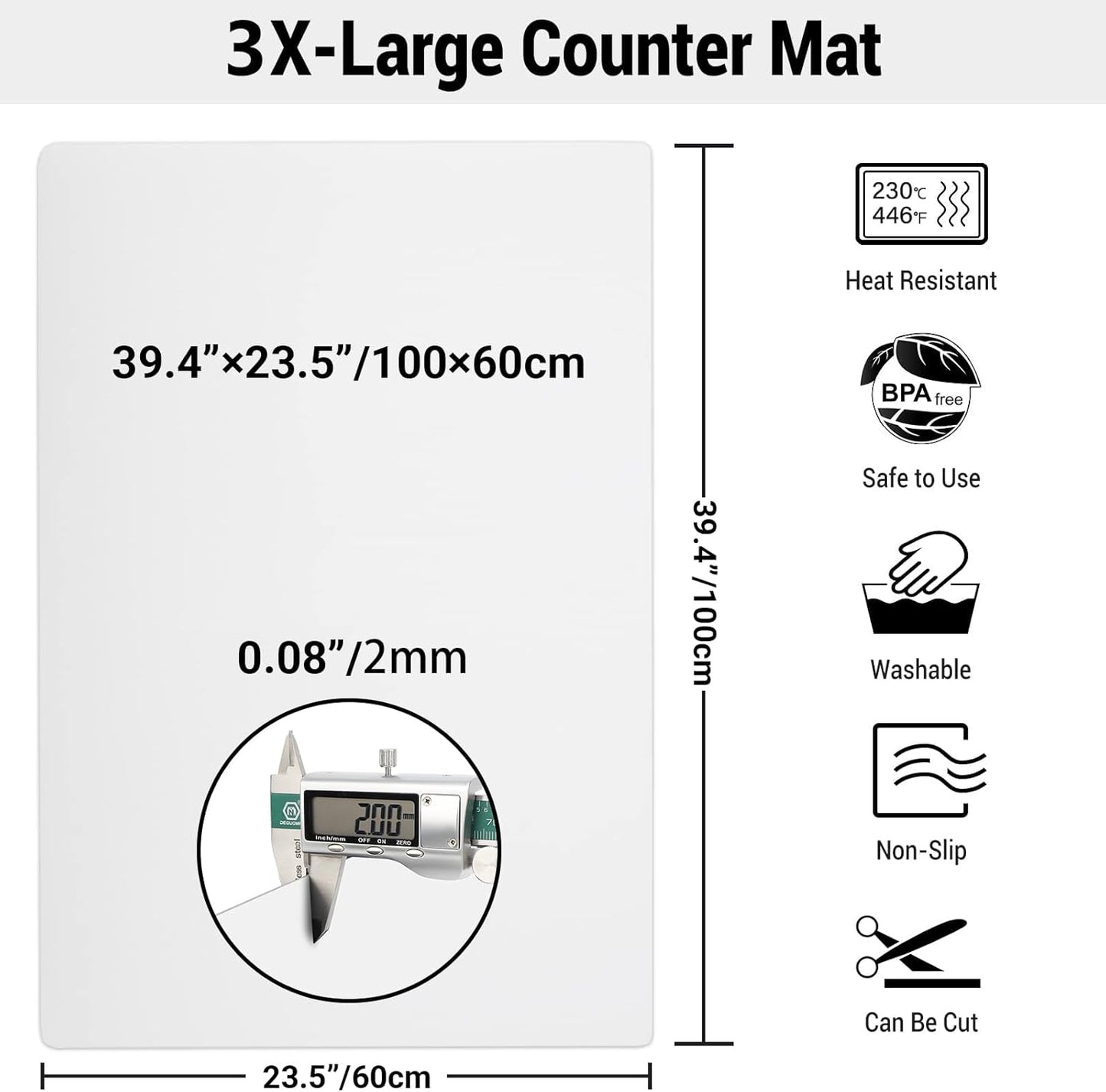 Ewen 39.4x23.5in 2mm Extra Large Silicone Mat, Thick Heat Resistant Placemat Silicone Mats for Kitchen Counter, Bar Workbench Table Protector Cover Pad for Air Fryer Coffee Maker Stove Translucent