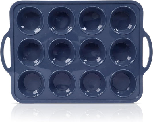 Silicone Muffin Pan with Metal Frame, Non Stick Silicone Cupcake Pan with Handles Regular 12 Cup, BPA Free Silicon Muffin Tin Tray for baking, egg bites, Cupcake Mold Grey