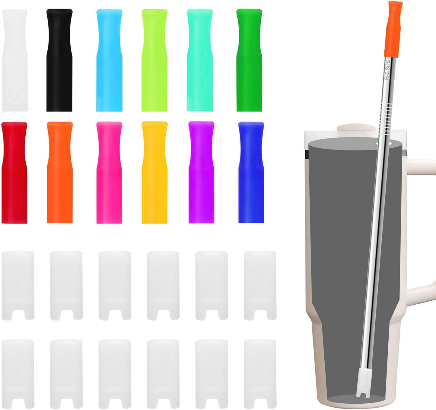 24PCS 12 Colors Food-Grade Metal Straws Reusable Silicone Tips,Silicone Base Sleeve,Only Fit Diameter 0.32In- 8mm Stainless Steel Straws,BPA Free, Eco-Friendly