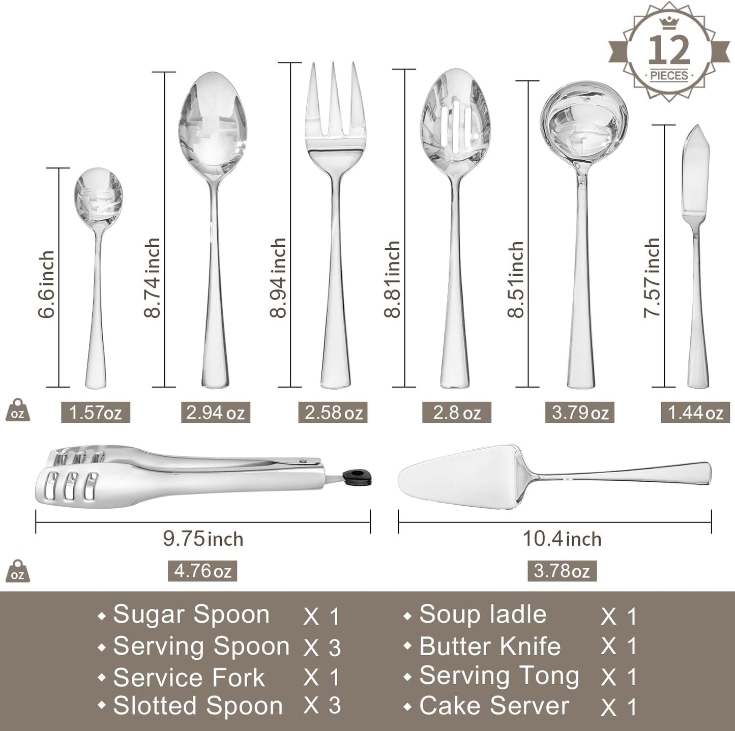 KINGSTONE 12 Piece Serving Utensils Set, 18/10 Stainless Steel Serving Utensils, Slotted Spoon, Fork, Tong, Soup Ladle, Cake Server, Butter Knife and Sugar Spoon for Buffet, Parties, Kitchen