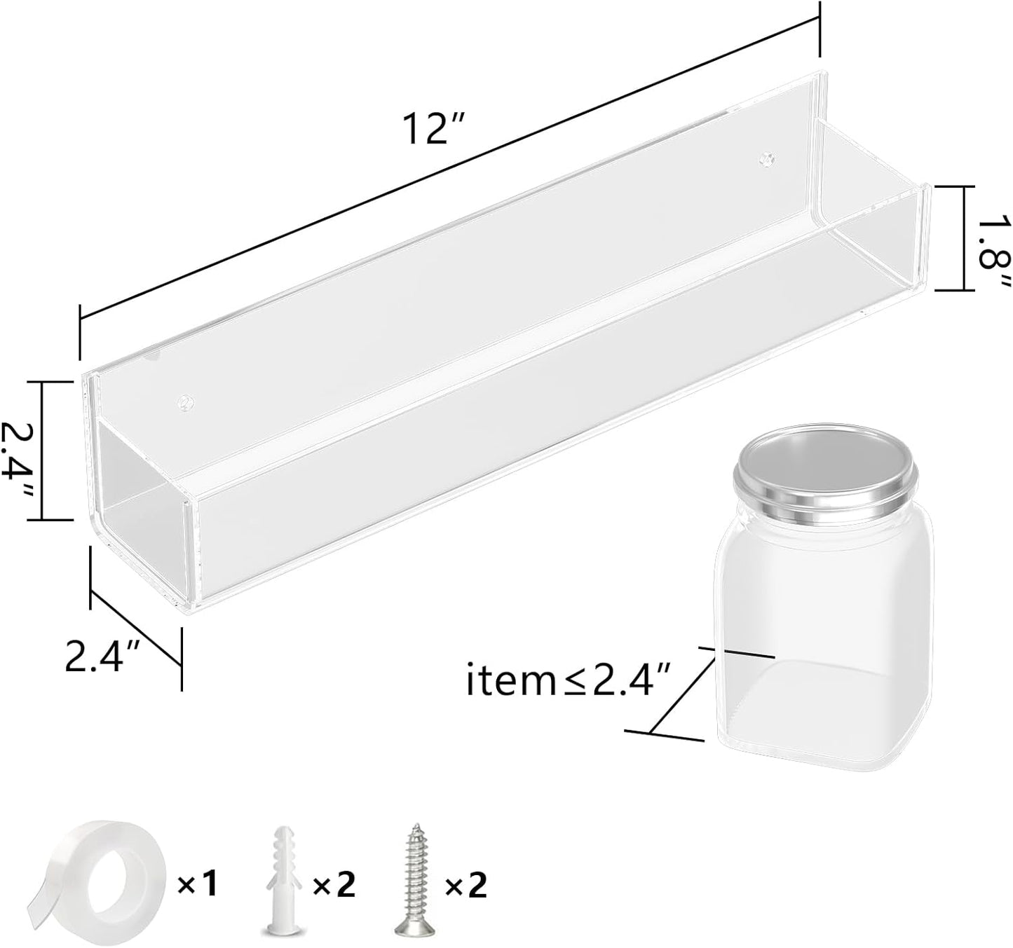 WUIVIUT Invisible Acrylic Wall Spice Rack Adhesive wall mounted rack organizer 11.8 inch spice shelf holder Drilling or self-adhesive organizer rack （Clear-4 Pack）