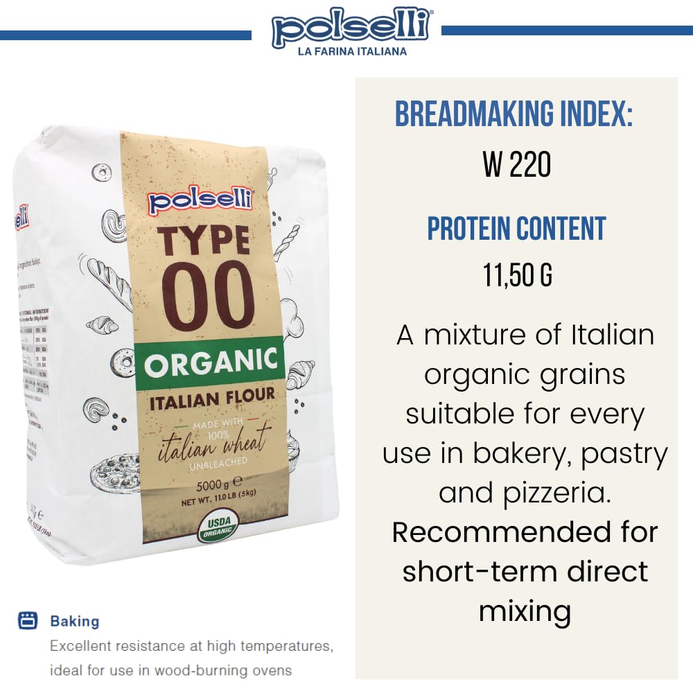 POLSELLI Organic Flour, Type 00, 100% Italian Grain, Double Zero Flour, OO Extra Fine, BIO, Neapolitan Italian Pizza, Bread, Pasta, All Natural, Unbleached, All-Purpose Flour, Unbromated, No Additives