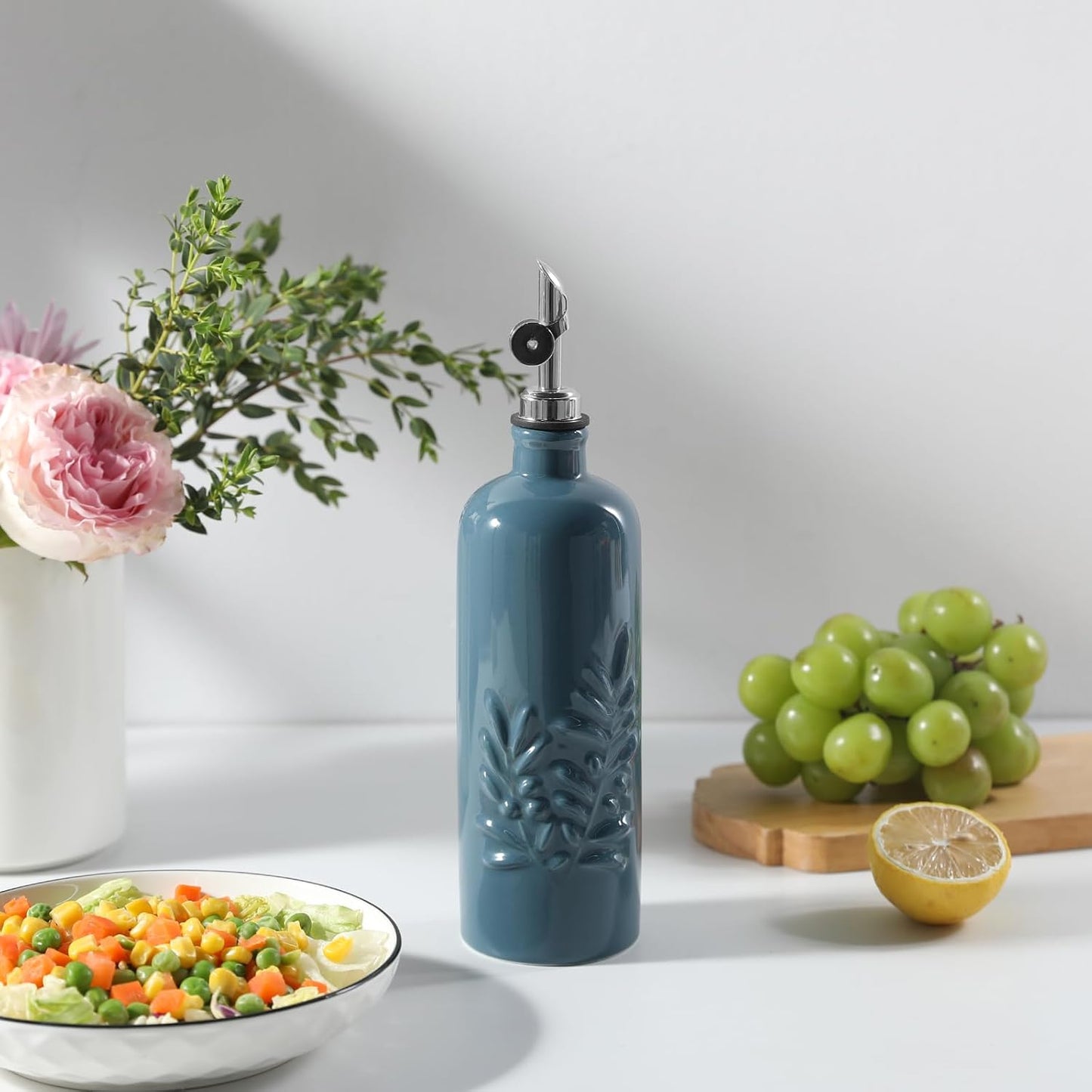 Sweejar 18 Oz Oil Dispenser for Kitchen with Gravity Spout, Ceramic Olive Oil Dispenser Bottle, Relief Opaque Vinegar Container for Evoo, Vinegar, Soy Sauce, Pack of 1(Fogblue, Silver Spout)