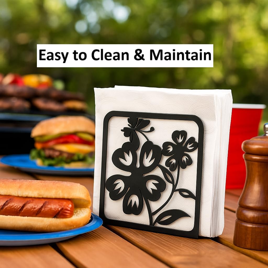 Decorative Napkin Holder for Kitchen & Dining Table – 2 Pack Metal Napkin Holders for Everyday & Cocktail Napkins – Floral & Dog Design – Anti-Scratch Slip-Resistant Paper Napkin Dispenser