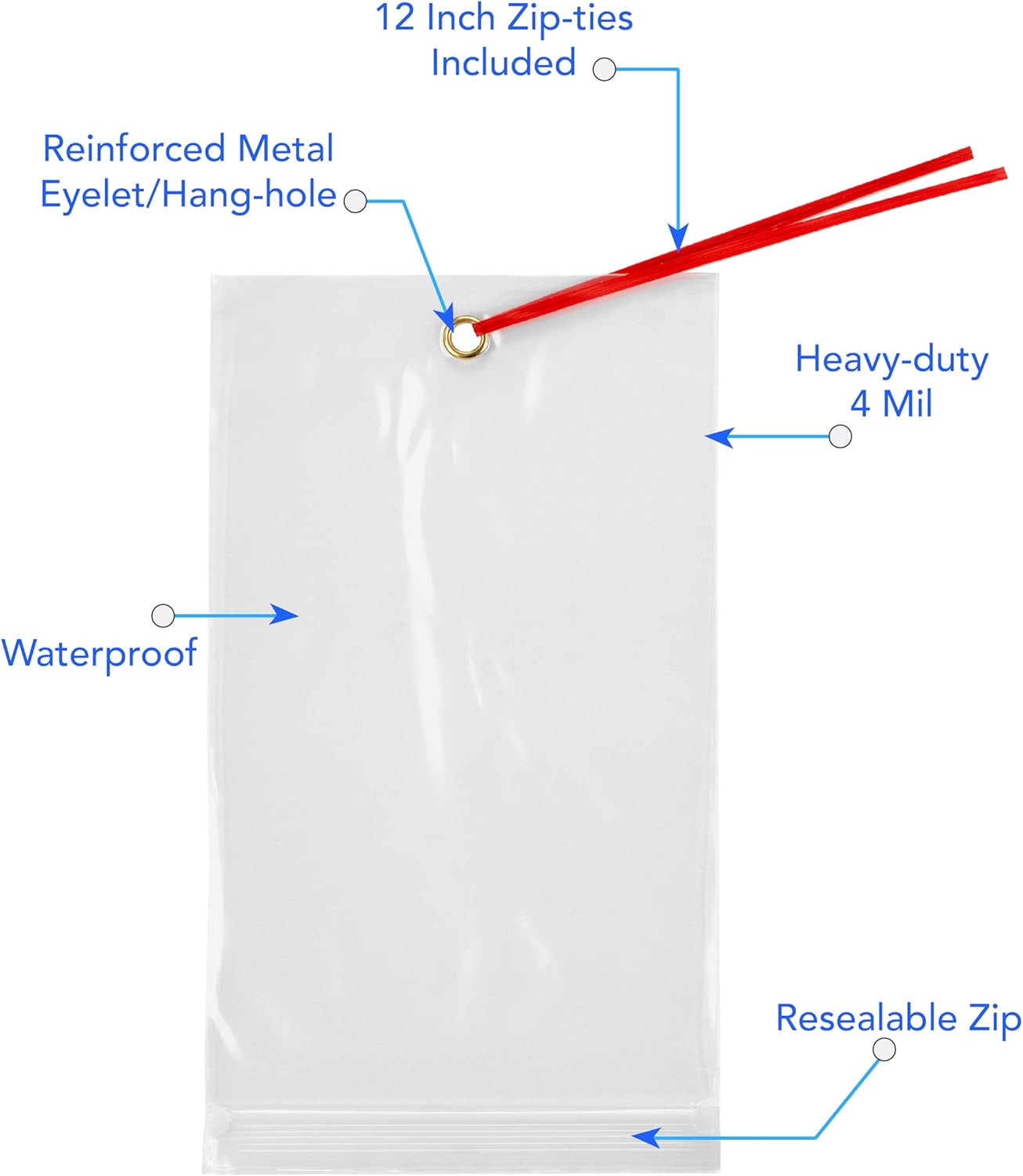 GPI - 5.5" x 9" Reclosable Zip Bags with Bottom Hang-hole & Pre-inserted 12" Twist-tie. 4 Mil Heavy-duty Resealable Zipper Baggy with Grommet/Metal Eyelet for Hanging (Insert Size 5x7.5) 500 Pack