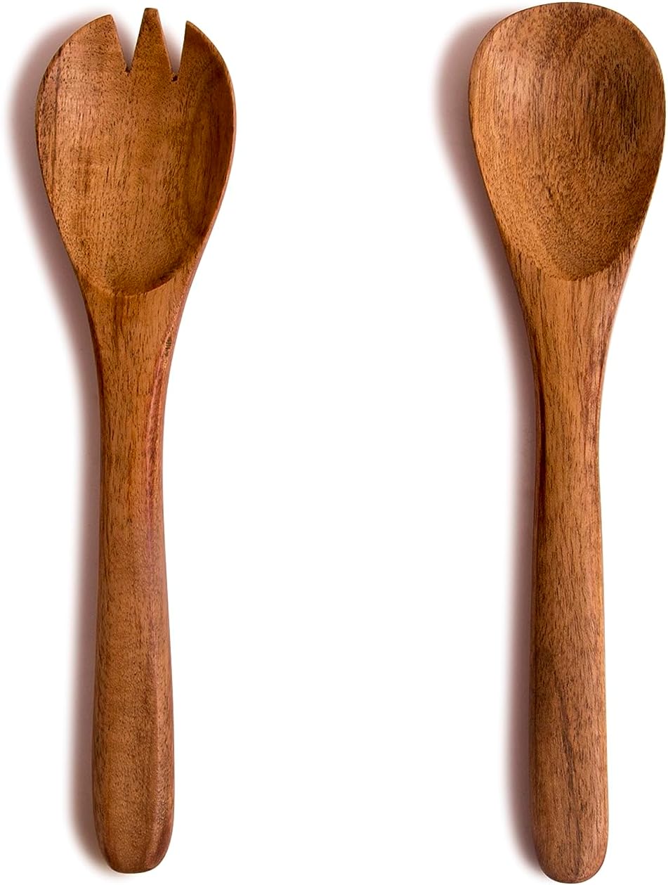 8 Inch Acacia Wood Salad Server Set Wooden Mixing Tongs Dinner Fork & Spoon Serving Utensils For Tossing Salad Handmade Cookware Salad Cooking Utensils & Accessories For Kitchen, Natural Brown