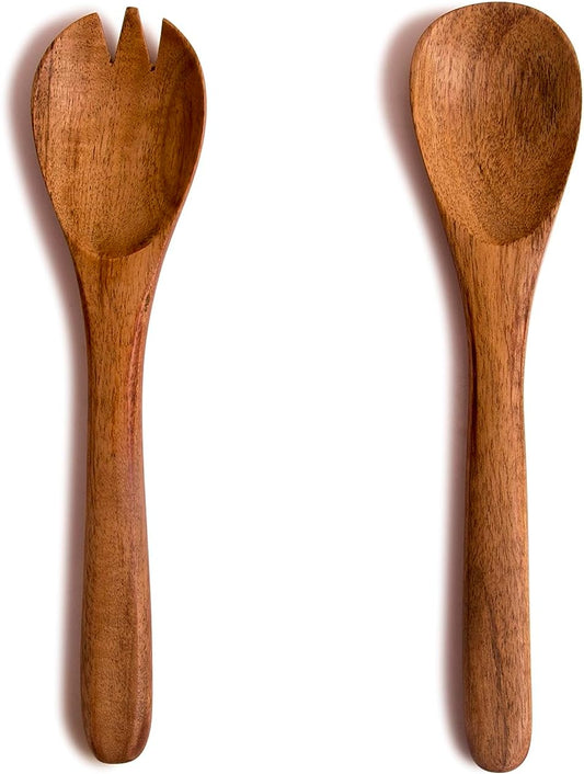 8 Inch Acacia Wood Salad Server Set Wooden Mixing Tongs Dinner Fork & Spoon Serving Utensils For Tossing Salad Handmade Cookware Salad Cooking Utensils & Accessories For Kitchen, Natural Brown