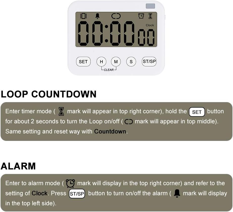 Stonylab 2pk Digital Timer Clock, 2 Pack Premium Multi-Function Digital Clock Countdown Timer Kitchen Event Timer with Alarm, Magnetic Back Big Digits Display Vibration/Flashlight/Sound Alarm