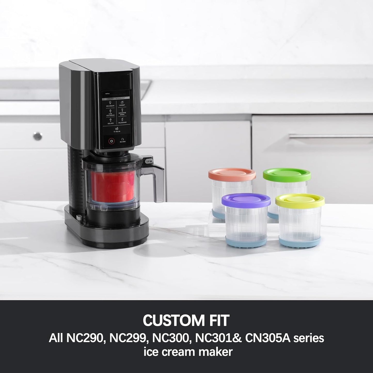 Containers Replacement for Ninja Creami Pints and Lids - 4 Pack, 16oz Cups Compatible with NC301 NC300 NC299AMZ NC290 Series Ice Cream Maker, Airtight Anti-slip