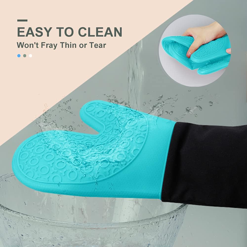 sungwoo Extra Long Silicone Oven Mitts, Heat Resistant Oven Gloves with Quilted Liner Non-Slip Textured Grip Perfect for BBQ, Baking, Cooking and Grilling - 1 Pair 14.6 Inch Turquoise & Black