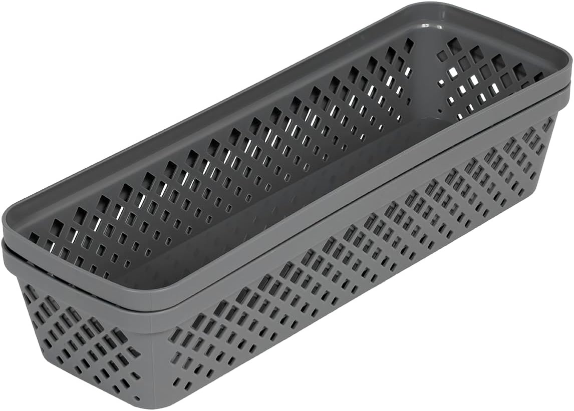 Glad Plastic Storage Basket Set - Multipurpose Drawer Trays, Kitchen Pantry Containers, and Bathroom Bins - 6 Pack Narrow Organizers, Grey