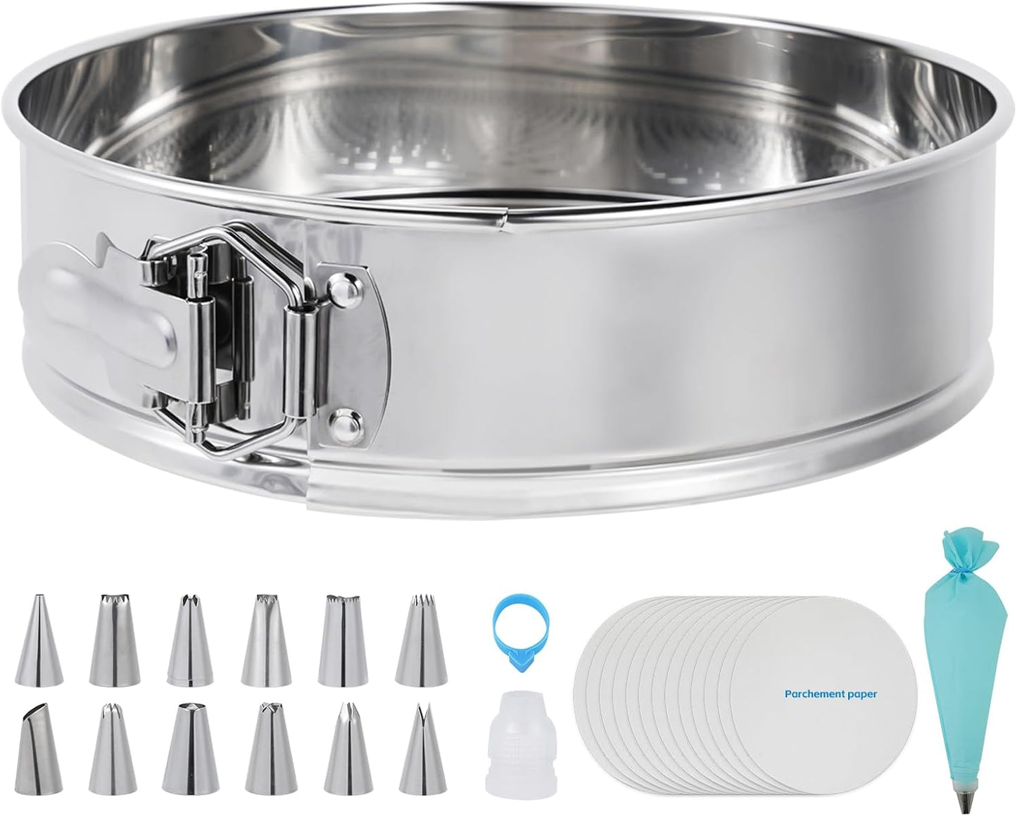 Aufind 10 Inch Springform Pan for Baking, 304 Stainless Steel Cheesecake Pan with Removable Bottom, Includes 12 Piping Tips and 50 Parchment Papers for Pie Cake Pizza and Quiches(10" Cake pan)