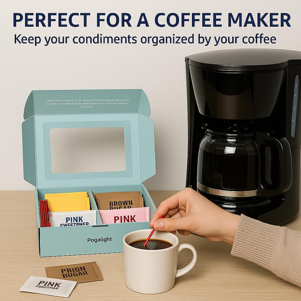 Pogalight Premium, Sugar and Sweeteners Variety Pack (300-Pack) - 70 Pure Cane Sugar, 40 Brown Sugar,70 Yellow Stevia, 70 Pink Sweetener, 50 Stirrers - Perfect for Coffee, Tea, Baking, Office, Restaurant,