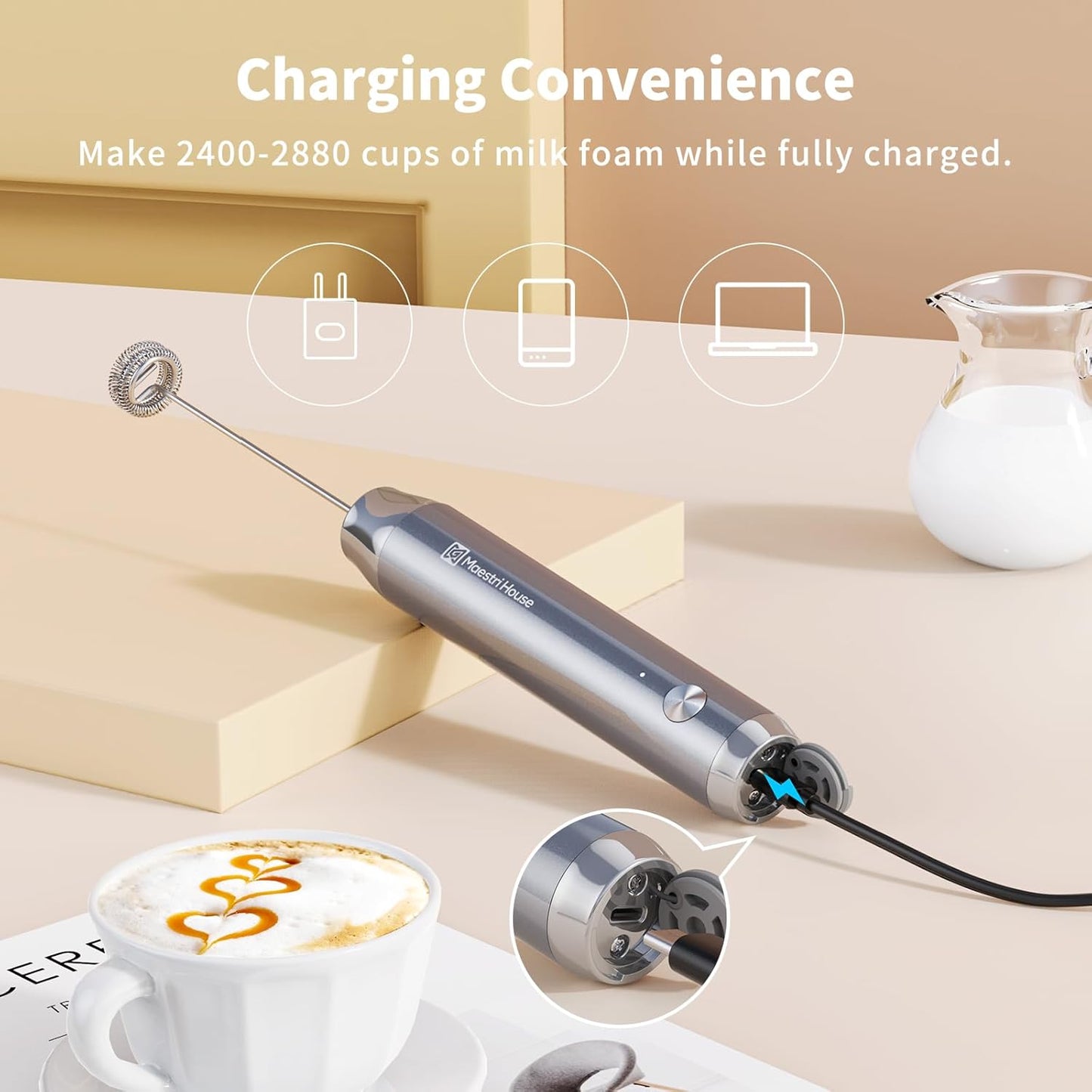 Maestri House Rechargeable Milk Frother with Stand, LunaFro Handheld Electric Foam Maker Waterproof Detachable Stainless Steel Whisk Drink Mixer Foamer for Lattes, Cappuccino