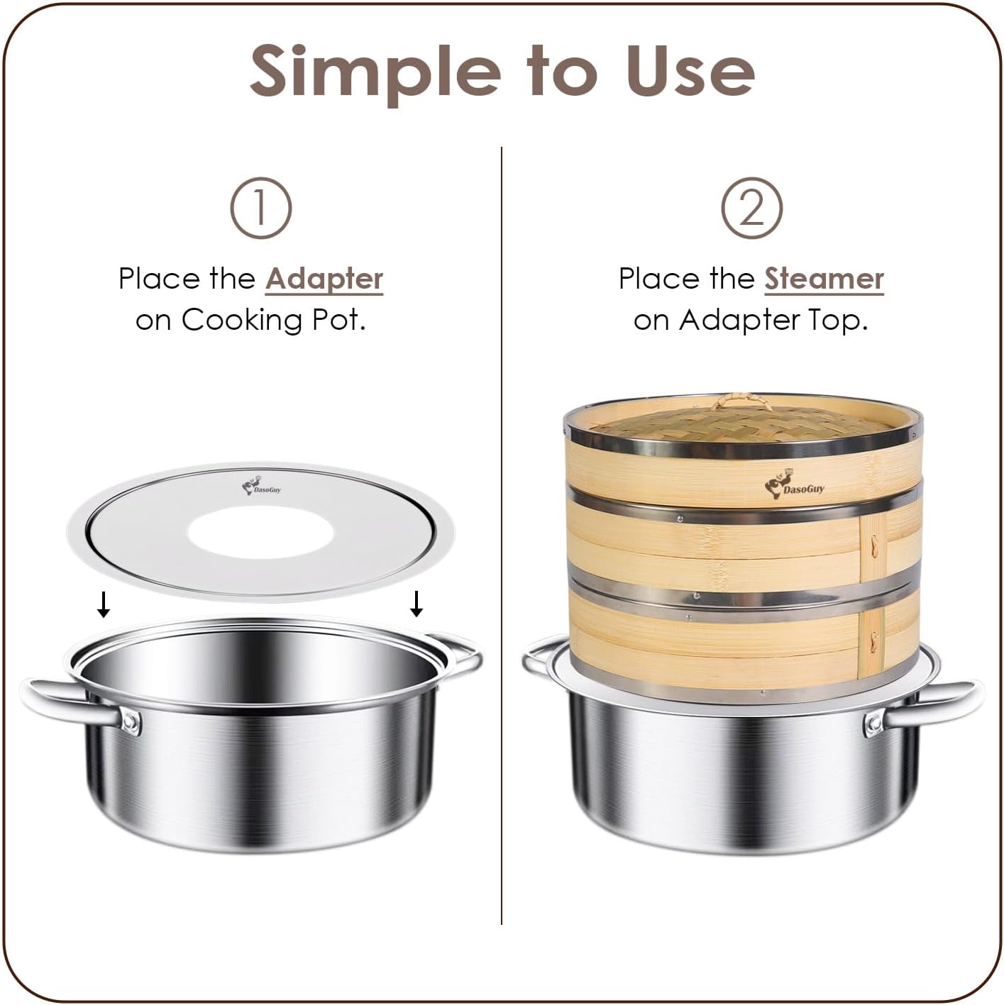 Stainless Steel Steamer Adapter, Fits 7 to 10 Inch Bamboo Steamer Basket, Steaming Ring for Asian Food, Cooking Dumpling, Dim Sum, Rice, Veggies, Vegetable, Chinese Steam Pot