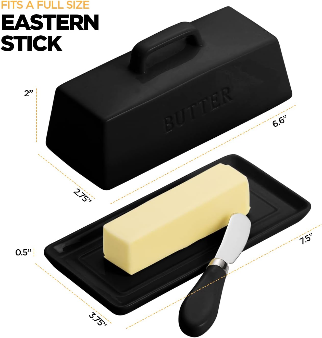 Ceramic Butter Dish Set with Lid and Knife - [Black]- Decorative Butter Stick Holder with Handle for 1 Stick of Butter - Microwave Safe, Dishwasher Safe - Anti-Scratch Stickers Included.