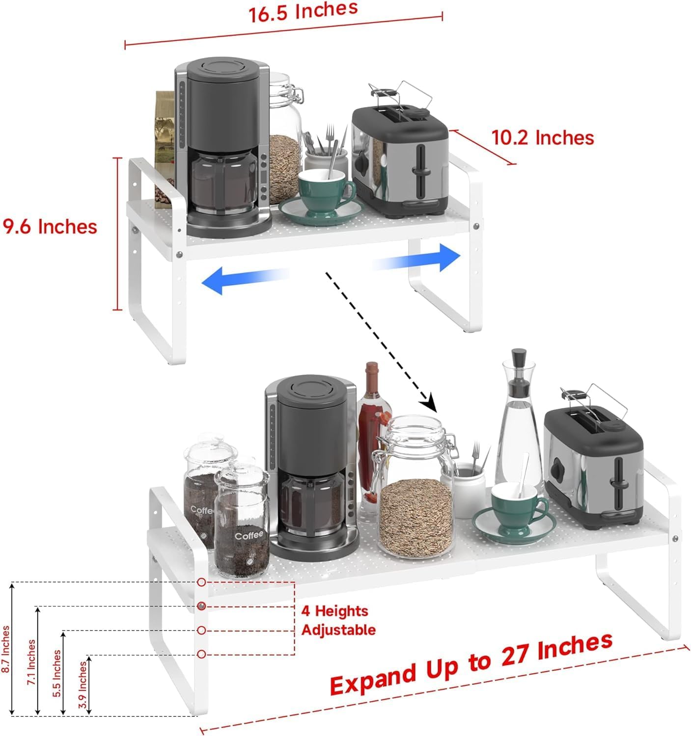 Expandable Cabinet Shelf Organizer Adjustable Metal Spice Rack Stackable Freestanding Counter Storage Shelves for Kitchen Cabinet Under Sink Office Desk (White - 3Pack - L16.5-27'' * W10.2'' * H9.6'')