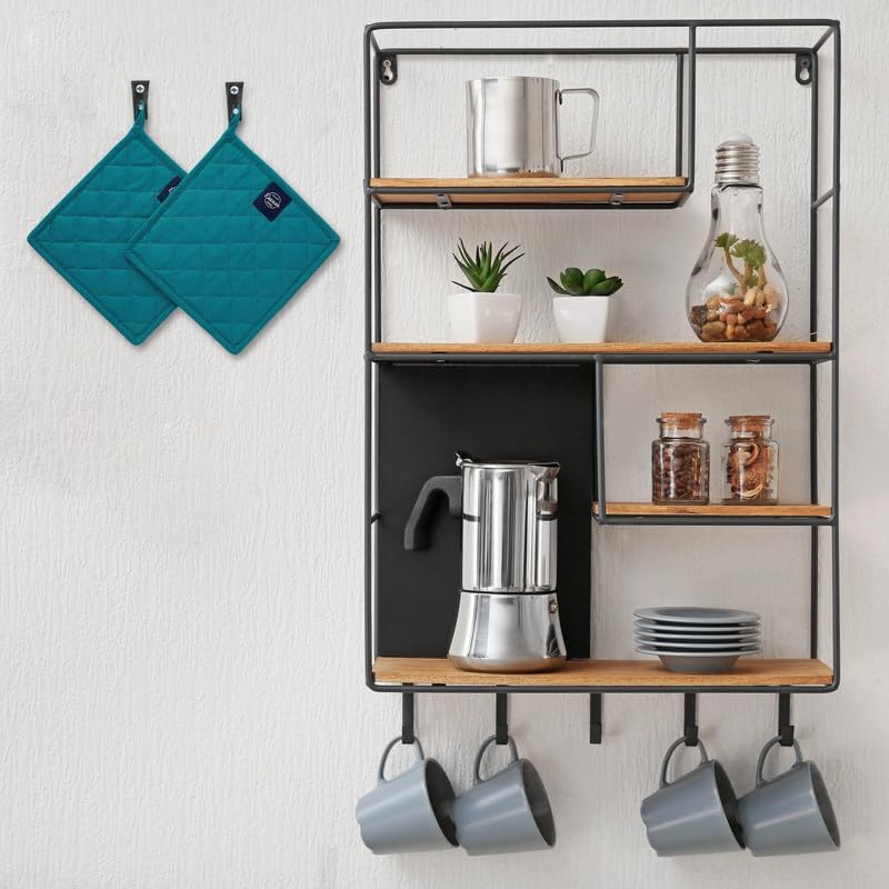 Encasa XO Heat Resistant Cotton Pot Holders with Hanging Loop - Set of 2 - Azul Blue - Multipurpose Quilted Everyday Hot Pad for Kitchen, Camping, BBQ & Microwave - 8x8 in