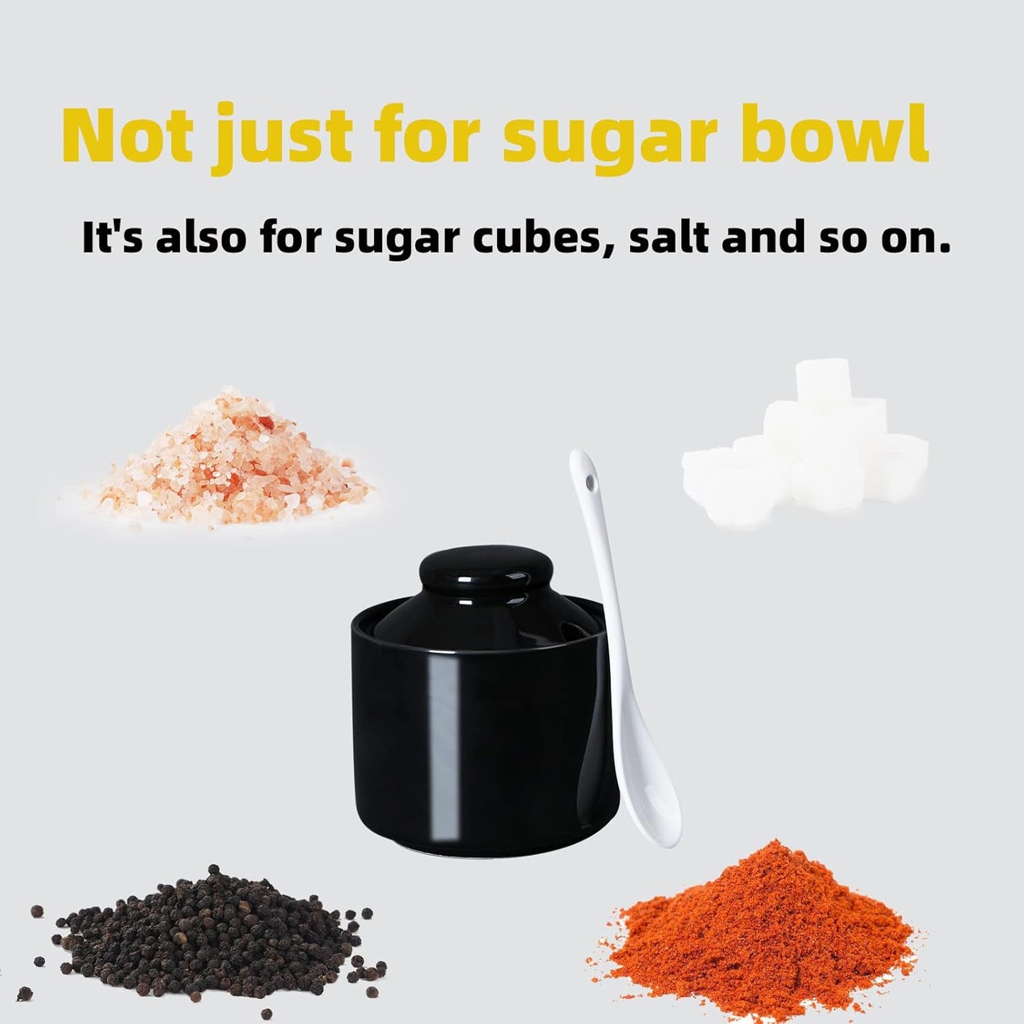 ONTUBE Ceramic Sugar Bowl with Lid and Spoon,Porcelain Seasoning Box Salt Bowl,8oz (Black)