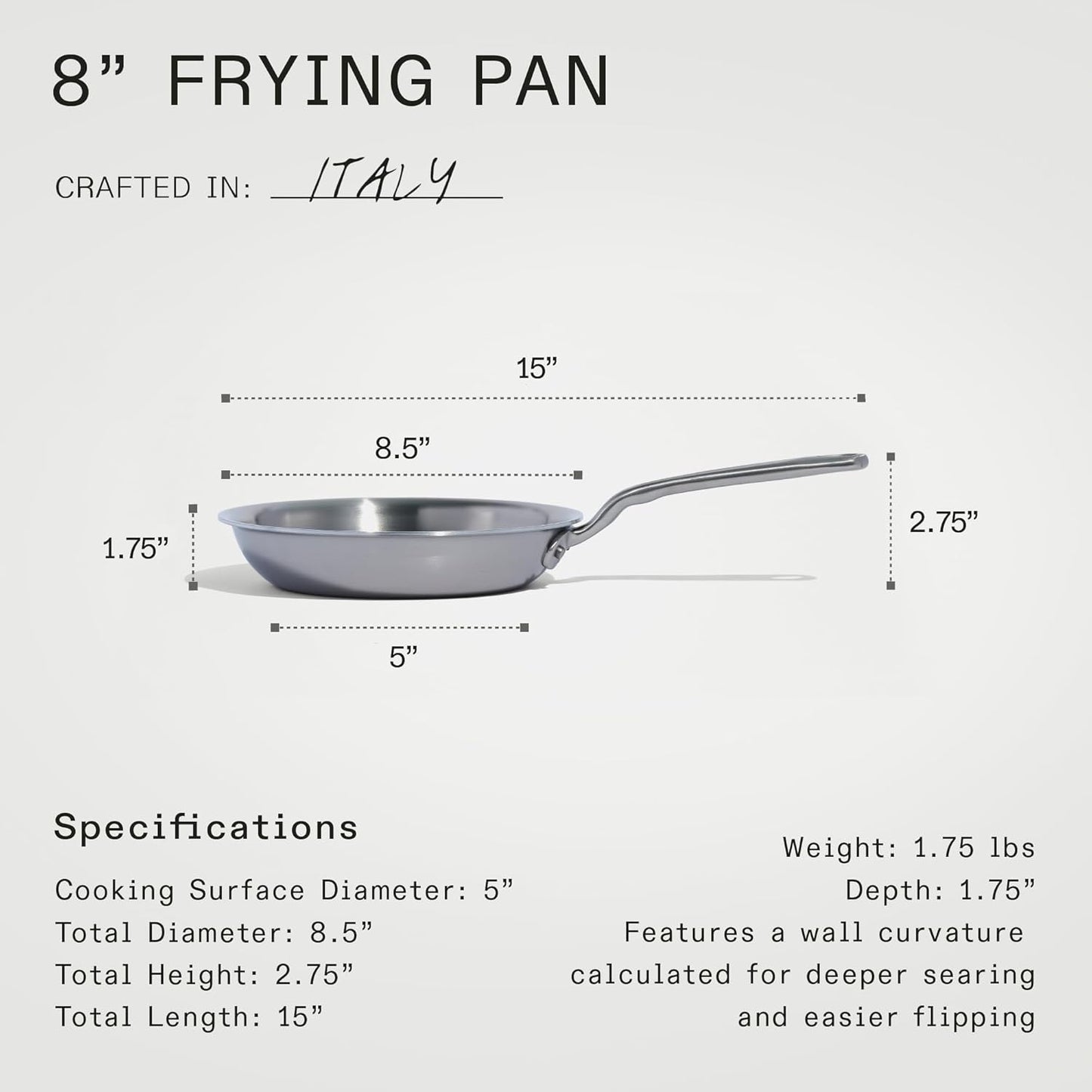 Made In Cookware - 8-Inch Stainless Steel Frying Pan - 5 Ply Stainless Clad - Professional Cookware - Crafted in Italy - Induction Compatible