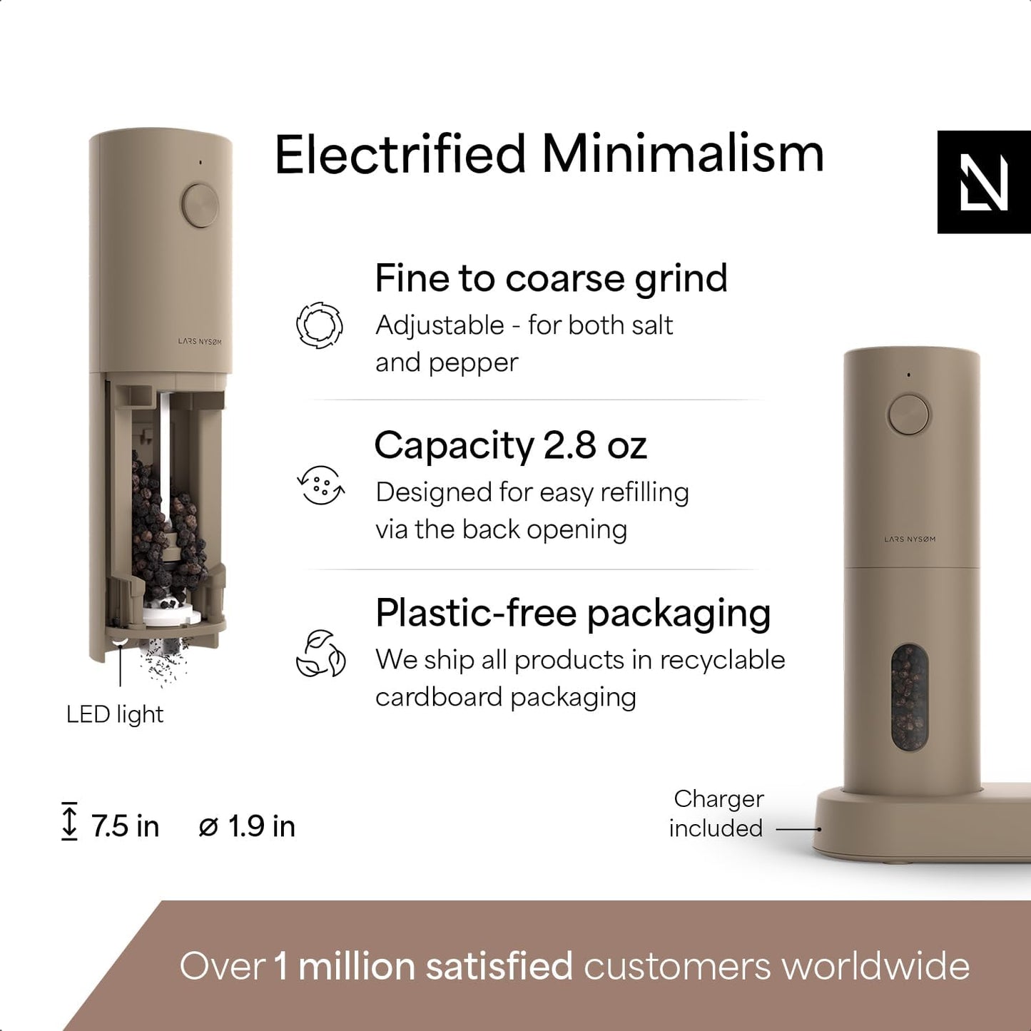 LARS NYSØM Electric Salt and Pepper Grinder Set, USB Rechargeable, Automatic Salt and Pepper Mills, Spice Shakers Refillable with LED Light, Adjustable Coarseness, Ceramic Grinder (Taupe Brown)
