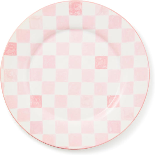 MACKENZIE-CHILDS Round Platter, Dishwasher-Safe and Microwave-Safe Stoneware Serving Platter, Pink Check