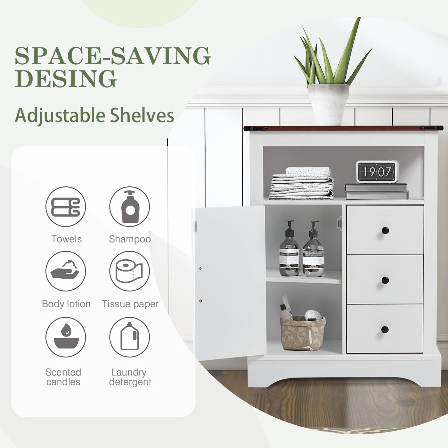 JOMEED Bathroom Floor Cabinet, Farmhouse Storage Cabinet with 3 Drawers & Adjustable Shelves, Free-Standing Cupboard for Kitchen, Living Room, Bathroom, White