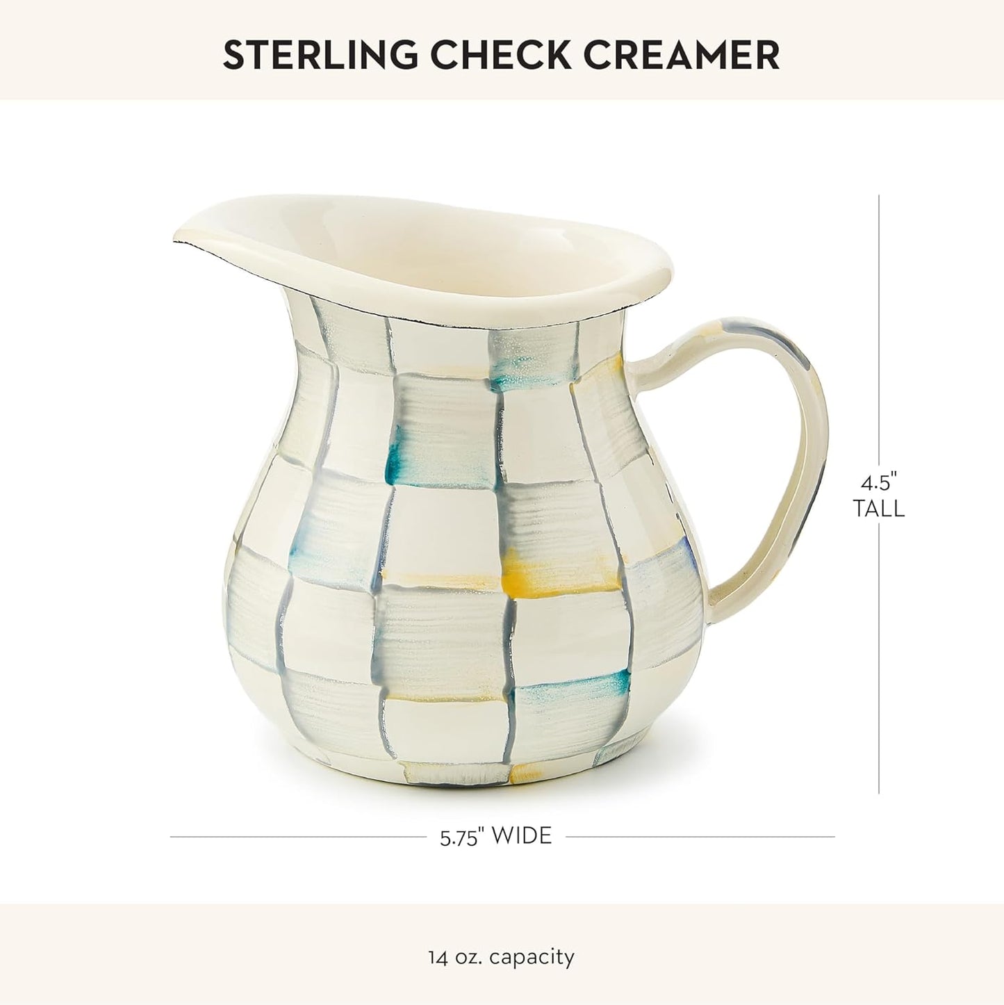 MACKENZIE-CHILDS Enamel Creamer, Creamer Dispenser with Pour Spout, Kitchen Enamelware, 14-Ounce Capacity, Gray-and-White Sterling Check
