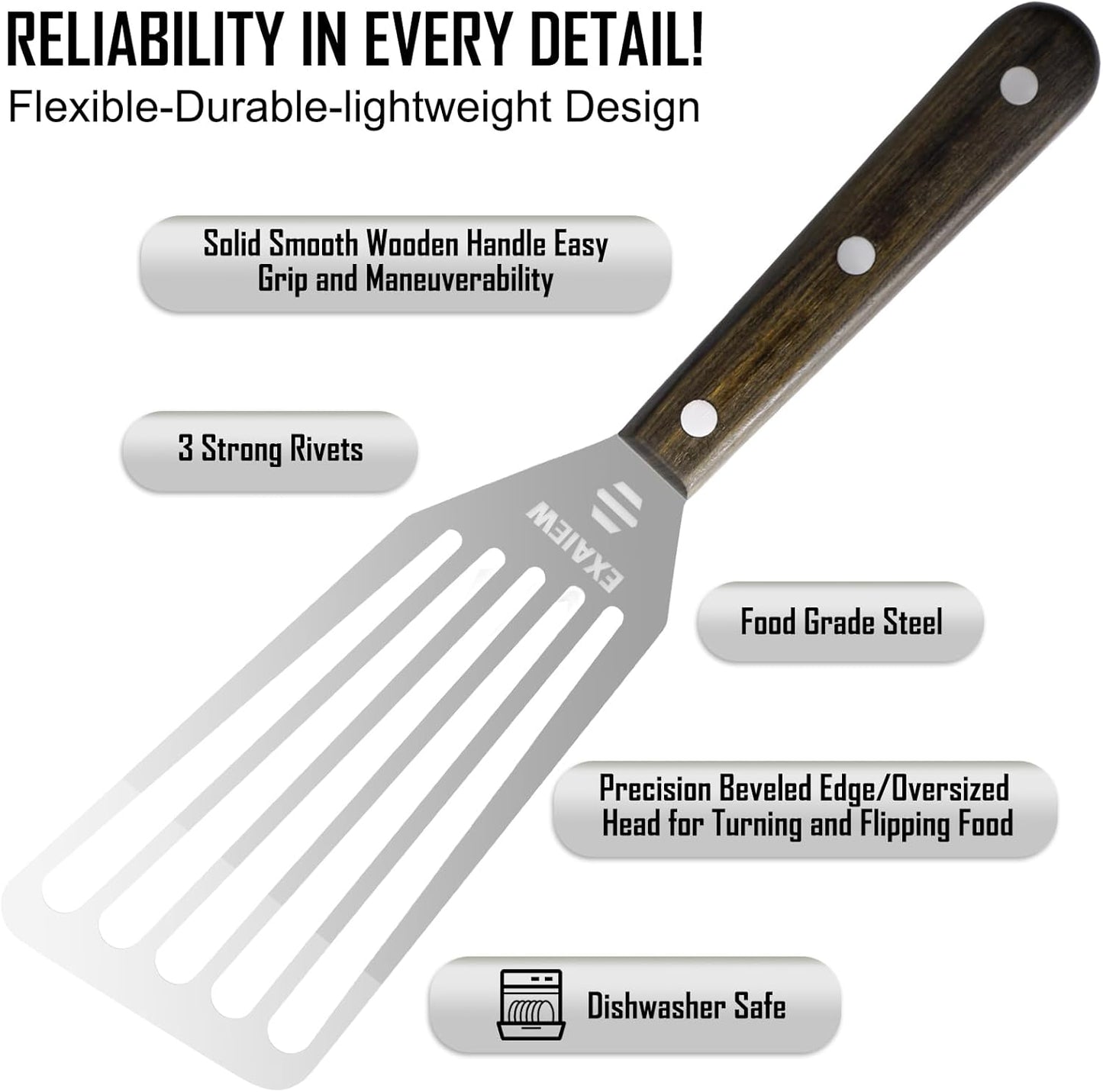 2 Pack Fish Spatula Stainless Steel, Flexible Fish Turner Spatula Perfect for Flipping Eggs, Burgers and Baking, Durable Lightweight Metal Kitchen Slotted Turner for Cooking & BBQ [Wooden Handle]