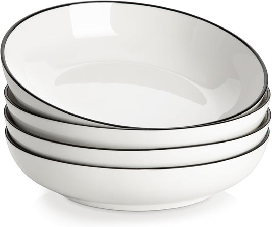 MALACASA 8.85" Large Pasta Bowls, 42 OZ White Salad Bowls Soup Bowls, Porcelain Serving Bowls Set of 4, Ivory White & Black Rim, Microwave & Dishwasher Safe, Series REGULAR