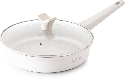 THE ROCK SOHO 9.5-Inch Non Stick Frying Pan with Lid–Nothing Sticks, Never Warps, Lasts Longer, Ceramic Non Toxic Skillet with Heat-Resistant Handle, PTFE PFOA&PFAS Free, Oven & Dishwasher Safe, Cream
