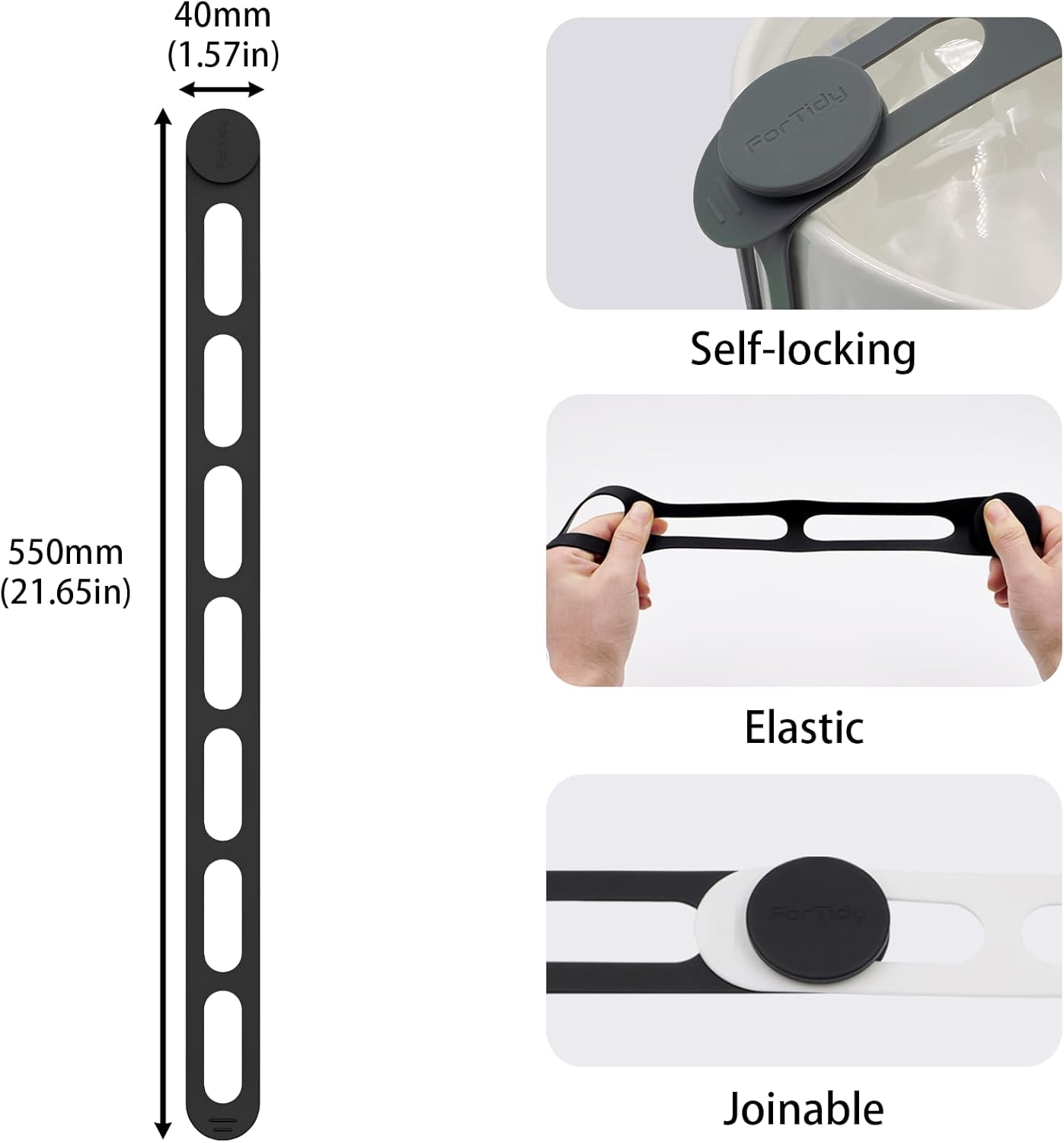 Silicone Latch Strap for Slow Cooker Lid, Pot, Bento Box, 21.65 In Reusable Elastic Self-Lock Silicone Tie for Bundling or Organizing Curtain, Cords, Yoga Mat, Camping Mat, 4pcs (Black)