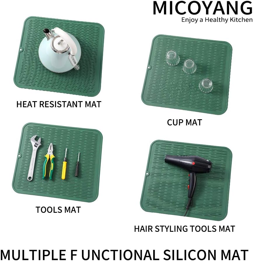 Silicone Dish Drying Mat for Multiple Usage,Easy clean,Eco-friendly,Heat-resistant Silicone Mat for Kitchen Counter or Sink,Refrigerator or Drawer Liner Green XL 18 inches x 16 inches