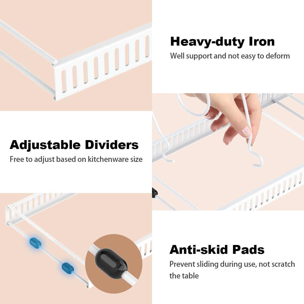 Housolution Pot and Pan Organizer Rack for Cabinet, Upgraded Expandable Pot Lid Organizer with 14 Adjustable Dividers, Pan Holder Storage Rack for Kitchen Cabinet, White