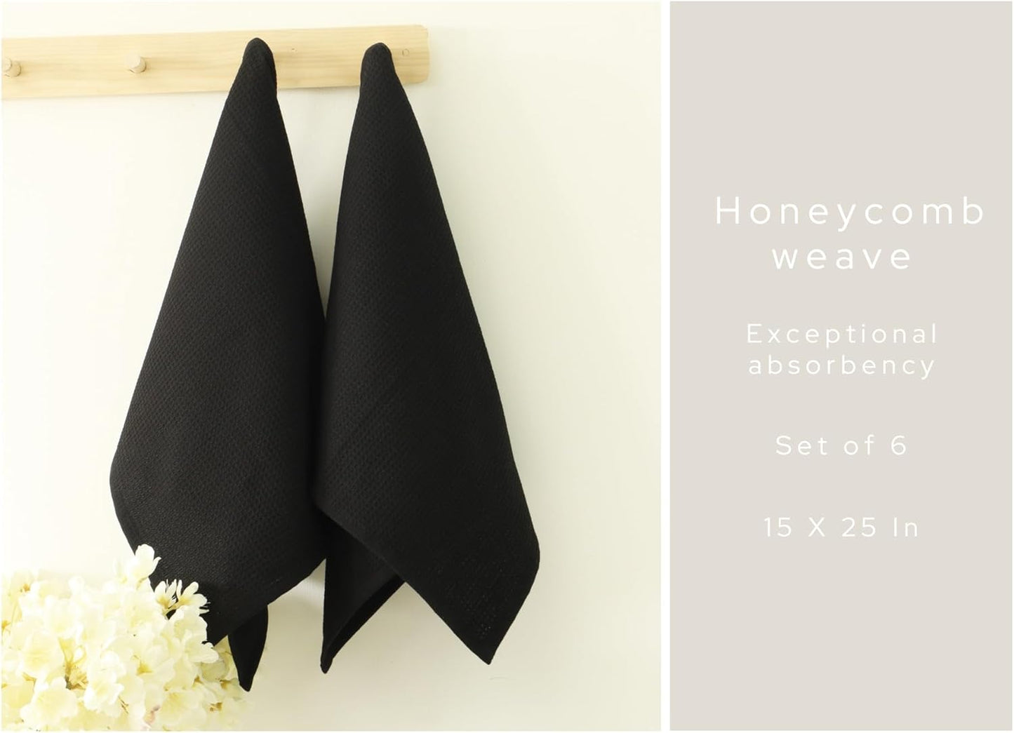 PurpleEssences Waffle Weave Kitchen Towel, 100% Cotton - 15 x 25 Inches, with Hanging Loop Ultra Soft Absorbent Quick Drying Dish Cloth, Tea and Hand Towels, 6 Pack - Spring Summer - Black