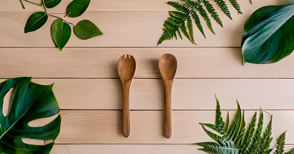 8 Inch Acacia Wood Salad Server Set Wooden Mixing Tongs Dinner Fork & Spoon Serving Utensils For Tossing Salad Handmade Cookware Salad Cooking Utensils & Accessories For Kitchen, Natural Brown