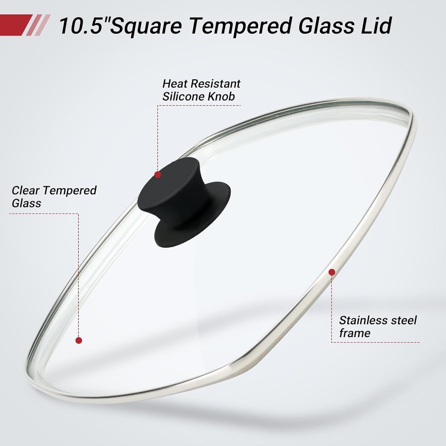 10.5 Inch Cast Iron Square Grill Pan with Tempered Glass Lid, Heavy Steak & Bacon Pans for Stove Tops