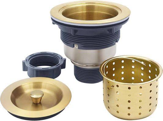 3-1/2-Inch Kitchen Sink Drain Strainer Assembly Kit, GZILA Deep Waste Basket Strainer with Sealing Lid Sink Stopper, 304 Stainless Steel Brushed Gold