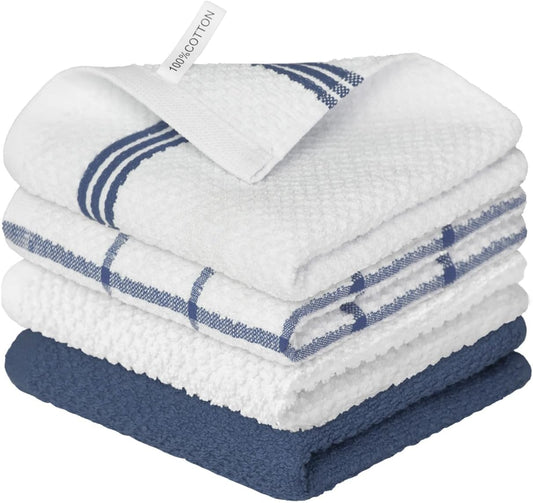 Artoid Mode Ring Spun Cotton Blue Dishcloth Kitchen Towels, 12x12 Inch Ultra Soft Absorbent Quick Drying Household Cleaning Kitchen Rags Set of 4