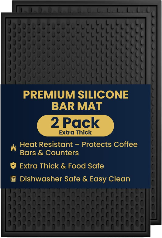 2 Pack Silicone Bar Mat - 1/2 Inch Thick Heat-Resistant and Food Safe Drip Mat - Spill Mats for Counter Top - Kitchen Service Mat, Coffee Bar, Restaurant - Drying Mat - 18 x 12 Inches