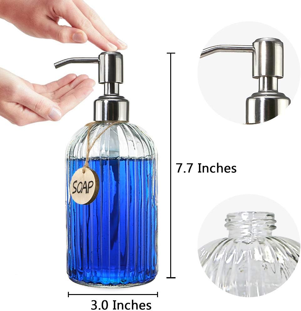 JASAI 18 Oz Clear Glass Soap Dispenser with Rust Proof Stainless Steel Pump, Refillable Liquid Hand soap Dispenser for Bathroom, Premium Kitchen Soap Dispenser (Clear).
