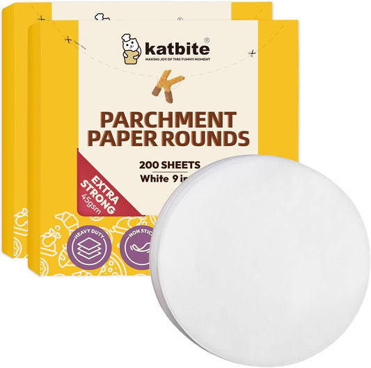 Katbite 9 Inch 400Pcs Parchment Paper Rounds, Round Parchment Paper for Cake Baking, Air Fryer Liners, Freezing, Tortilla Press(2 Pack of 200Pcs)
