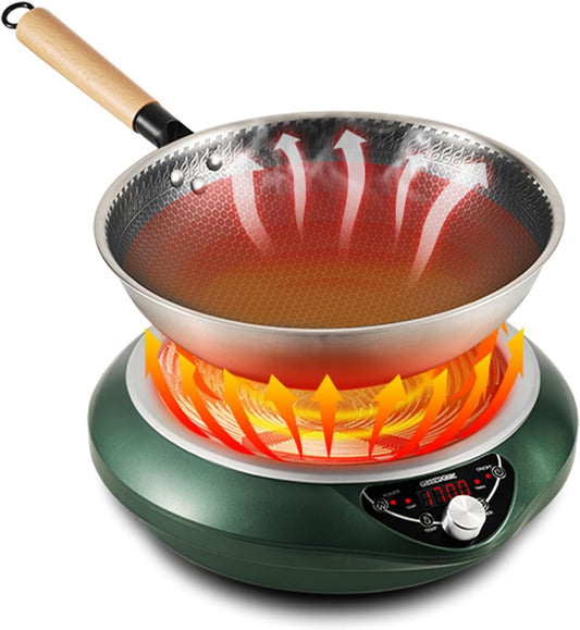Induction Wok Pan Cooktop 1700W (85V~175V) 16 Levels Temperature & Power Control Induction Wok Burner with 18 Hours Timer, Auto-off, Fast & Even Heating Concave Electric Stove (Green)