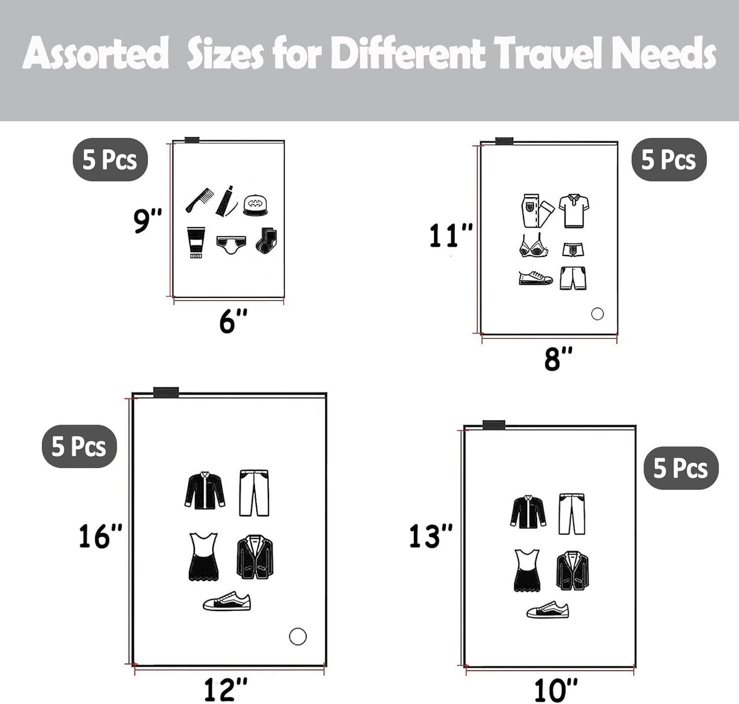 (20 pcs Value Pack) Travel Luggage Organizer Bags, Assorted Sizes, 4Mil Resealable Slider Zip Plastic Clothing Packaging, Frosted Travel/Home Storage and organizing Pouches, Space Saver Bag