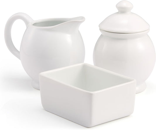 KooK Sugar and Creamer Set, 3 Piece, Pitcher, Sugar Bowl with Lid and Spoon, Sweetener Holder, White (Vintage Design)
