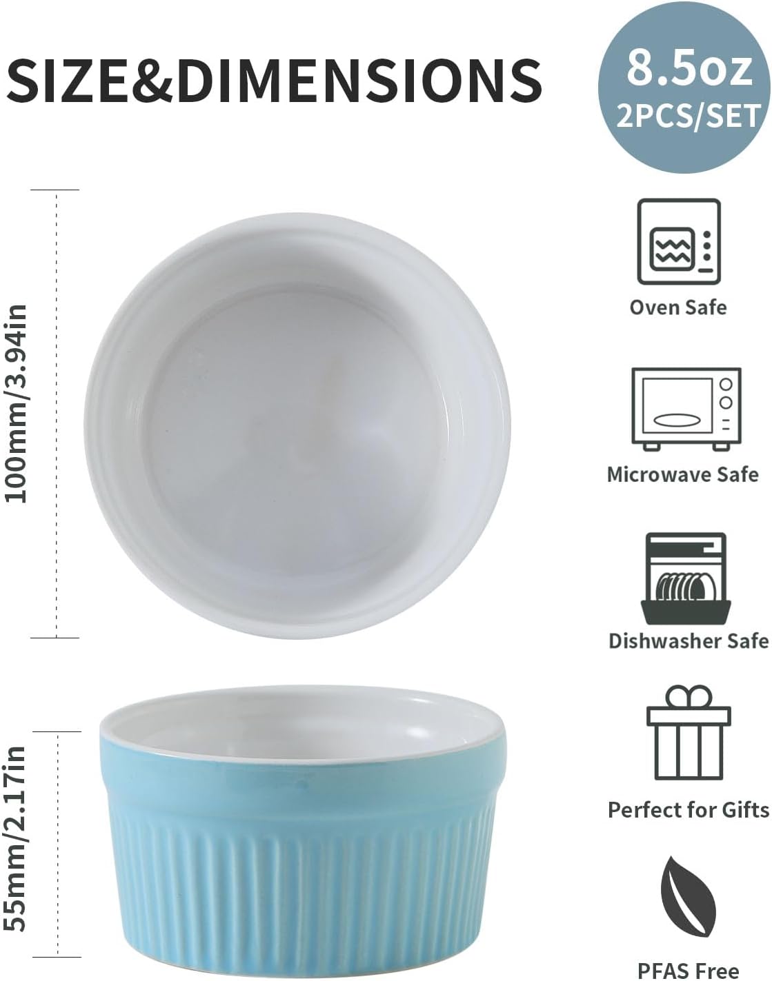 Hasense Ramekins Oven Safe, 8 oz Creme Brulee Ramekins Set of 2, Microwave & Dishwasher Safe Souffle Baking Cups for Pudding, Ice Cream, Custard, Dessert Bowls Porcelain, Sky Blue